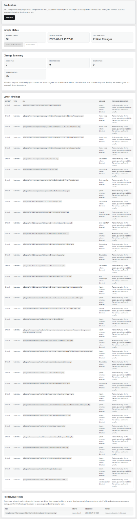 WPPulso File Change Monitoring screen showing trusted baseline, suspicious file findings and review-only recommendations