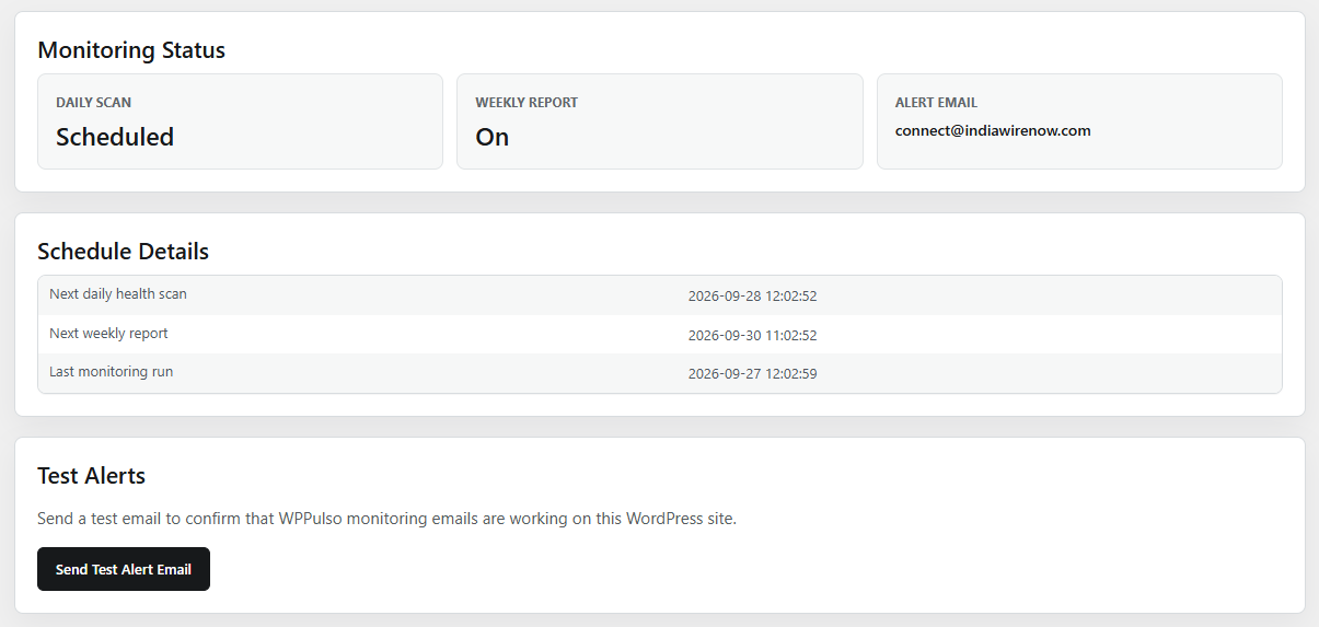 WPPulso Monitoring and Alerts screen from the WordPress plugin