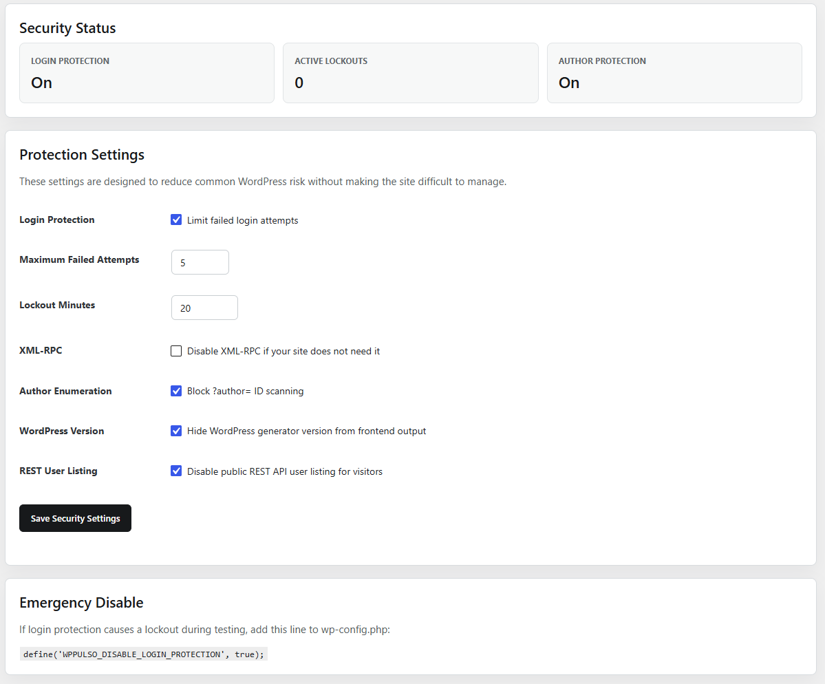 WPPulso security modules screen