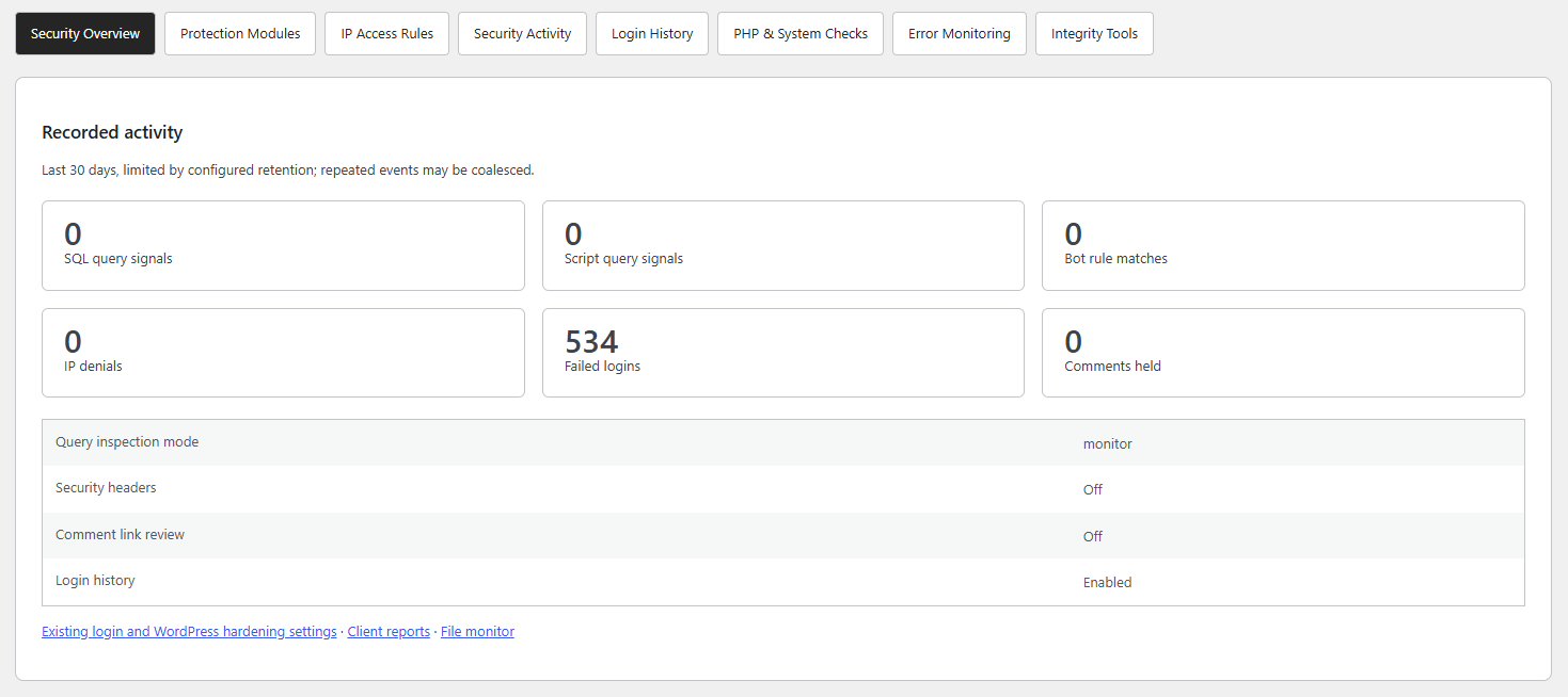 WPPulso Security Overview screen showing recorded activity, failed logins, security settings and system checks
