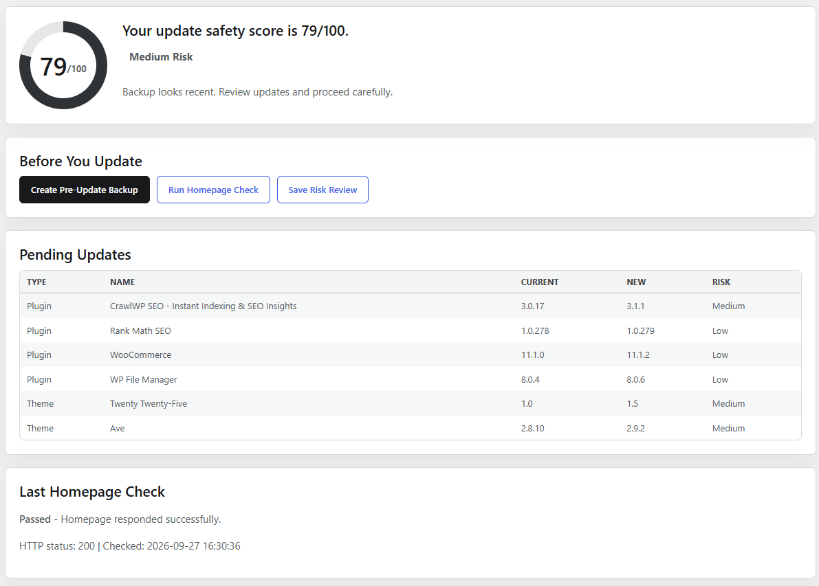 WPPulso Update Shield screen showing update safety score, pre-update backup actions and pending plugin and theme updates